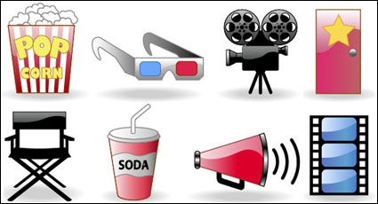 Movie tickets, popcorn, glasses, camera, icons vector